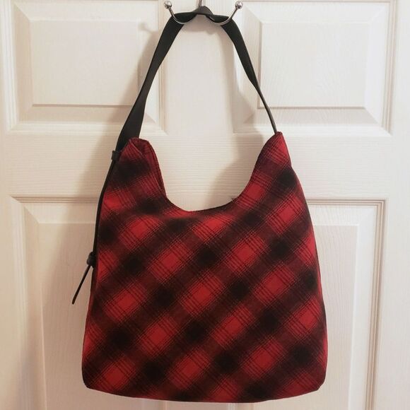 j. jill Hobo Bag Red & Black Buffalo Plaid Wool Blend Leather Strap - Picture 2 of 8